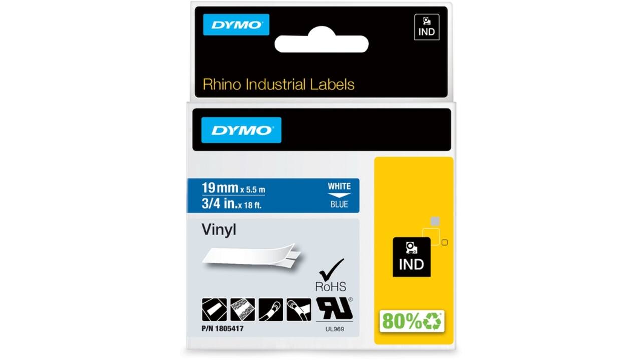 Labeltape Dymo Rhino industrieel vinyl 19mm wit op blauw