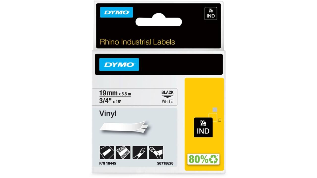 Labeltape Dymo Rhino industrieel vinyl 19mm zwart op wit