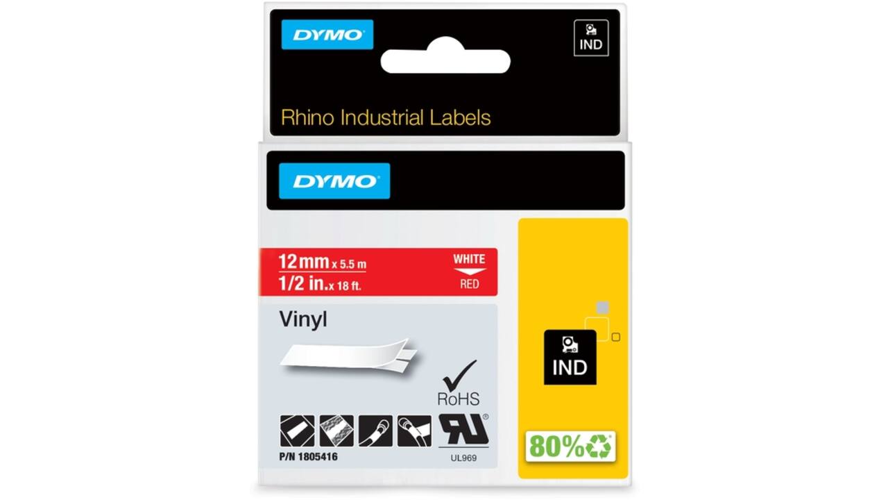 Labeltape Dymo Rhino industrieel vinyl 12mm wit op rood