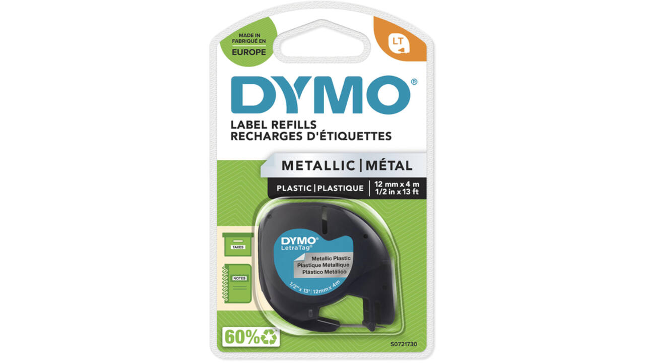 Labeltape Dymo LetraTag metallic 12mm zwart op zilver
