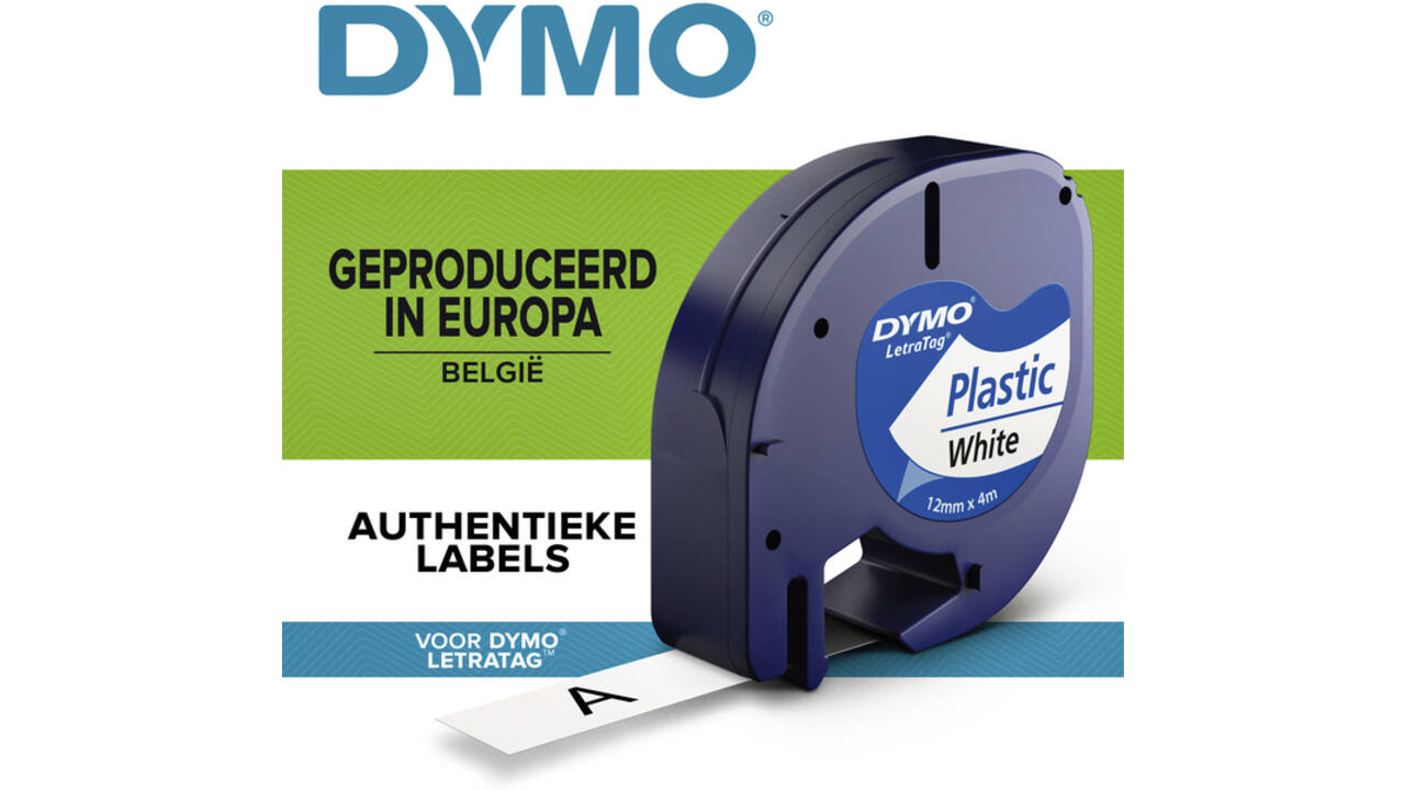 Labeltape Dymo LetraTag plastic 12mm zwart op wit