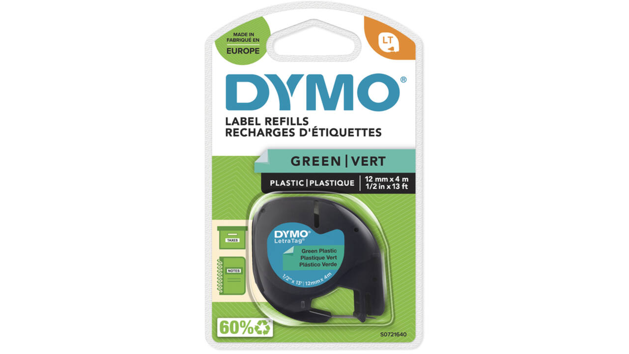 Labeltape Dymo LetraTag plastic 12mm zwart op groen