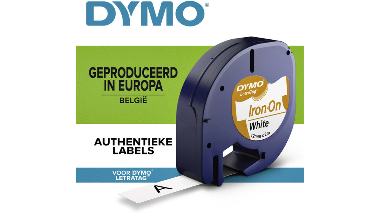 Labeltape Dymo LetraTag strijkbaar 12mm zwart op wit