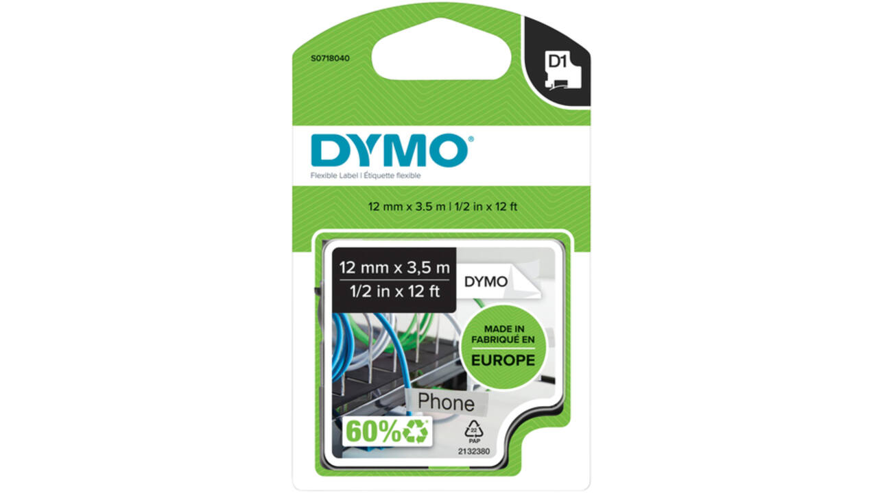 Labeltape Dymo LabelManager D1 nylon 12mm zwart op wit