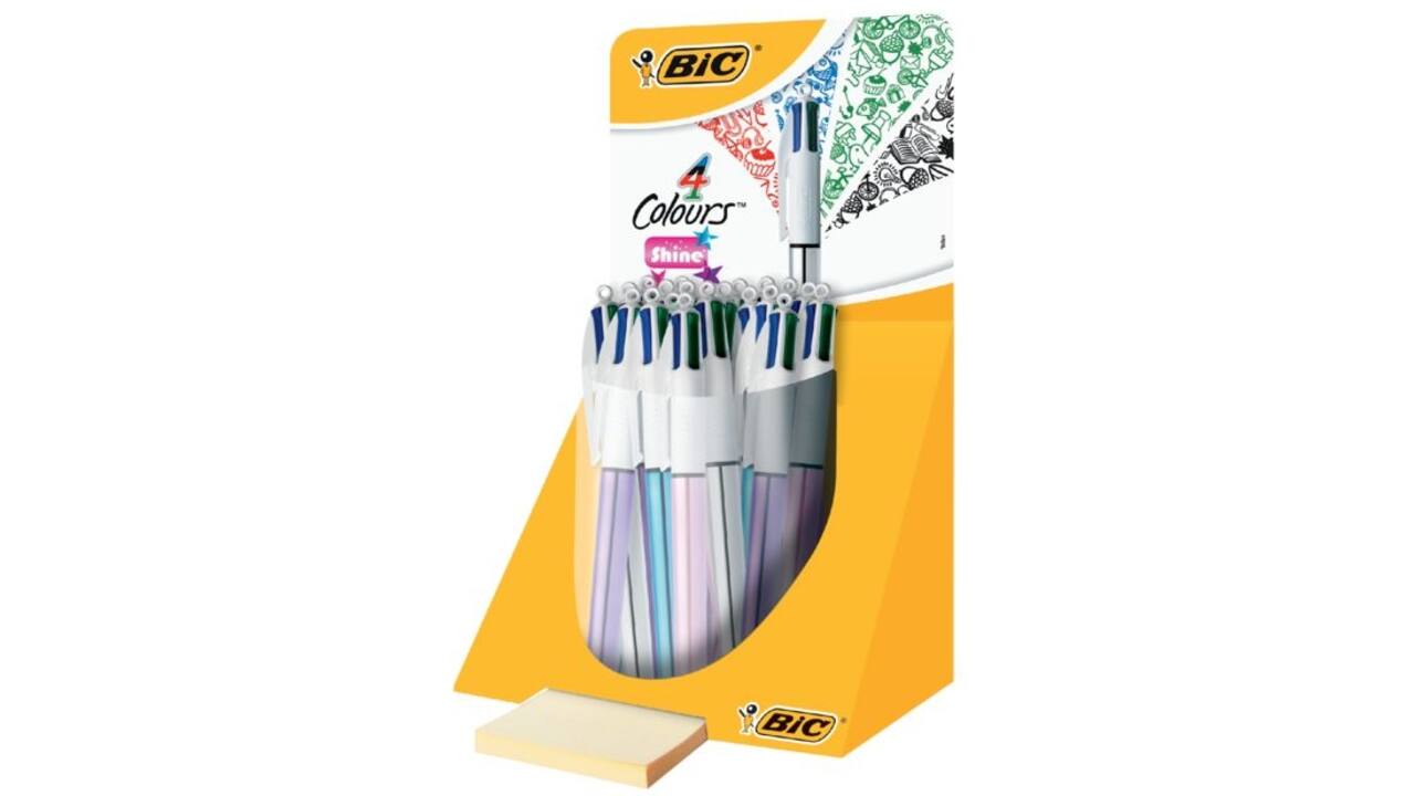 Balpen Bic 4kleuren shine medium zilver/paars/roze/blauw