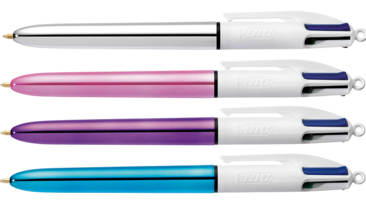 Balpen Bic 4kleuren shine medium zilver/paars/roze/blauw