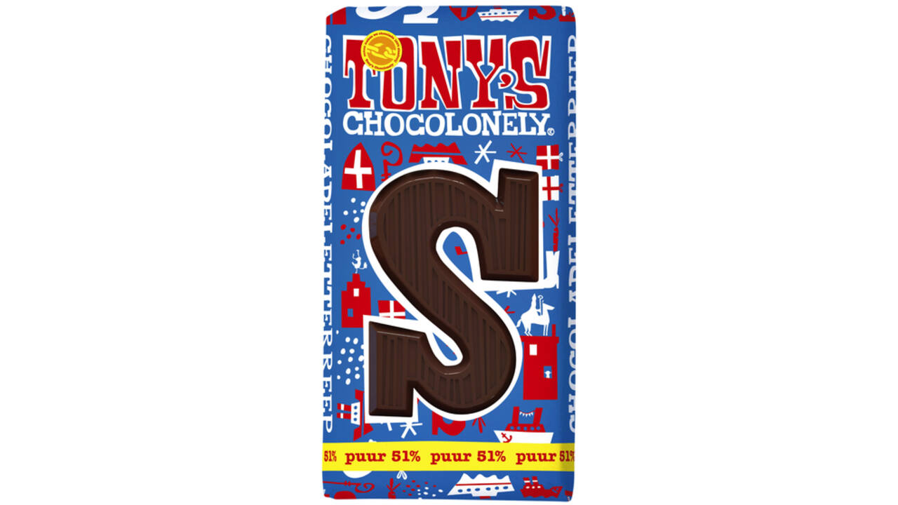 Chocoladeletter Tony's Chocolonely puur S 180gr