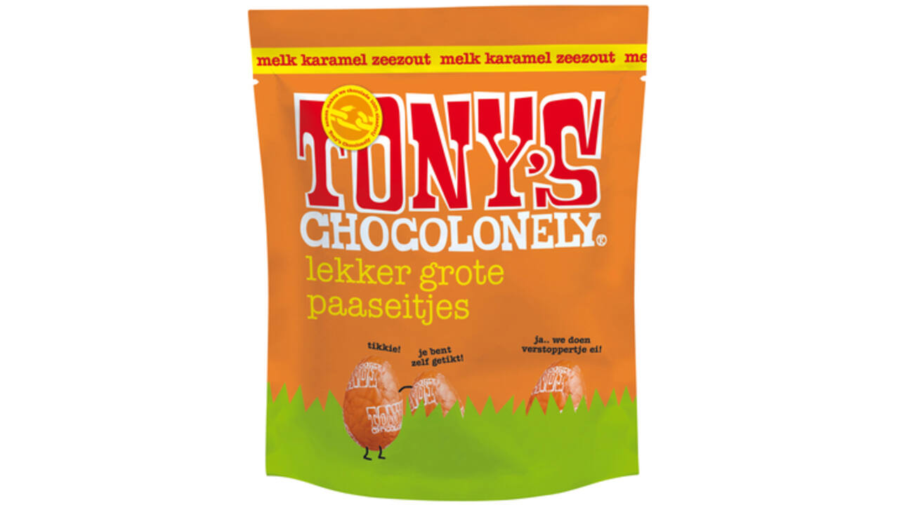 Chocolade Tony's paaseitjes melk met karamel zeezout zak à 14 stuks
