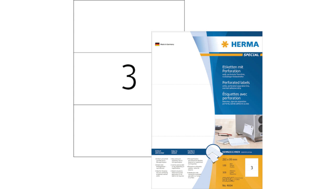 Etiket HERMA 4664 210x99mm geperforeerd wit 300stuks