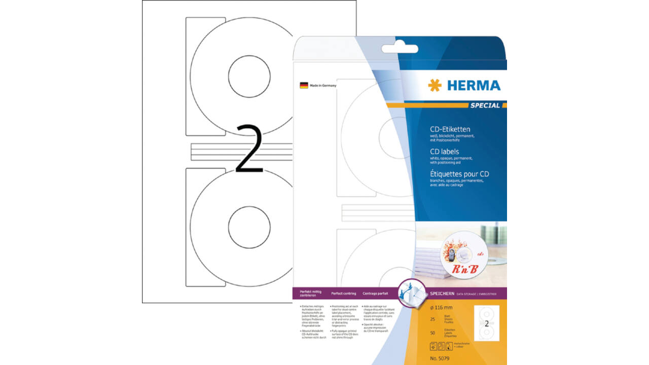 Etiket HERMA 5079 CD 116mm wit opaqua 50stuks