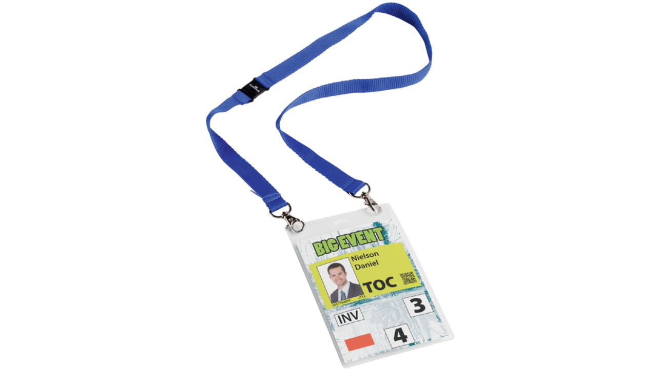 Badge Durable voor evenementen A6 met koord blauw