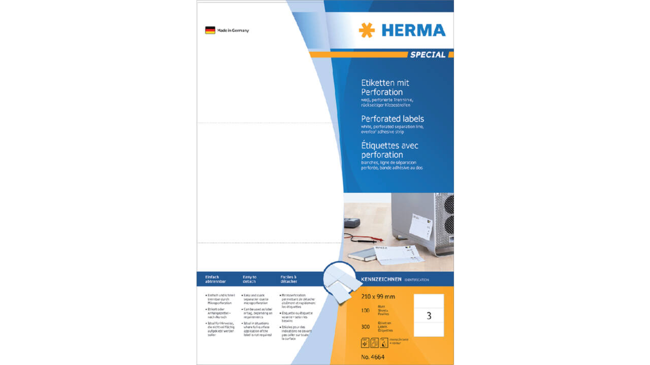 Etiket HERMA 4664 210x99mm geperforeerd wit 300stuks