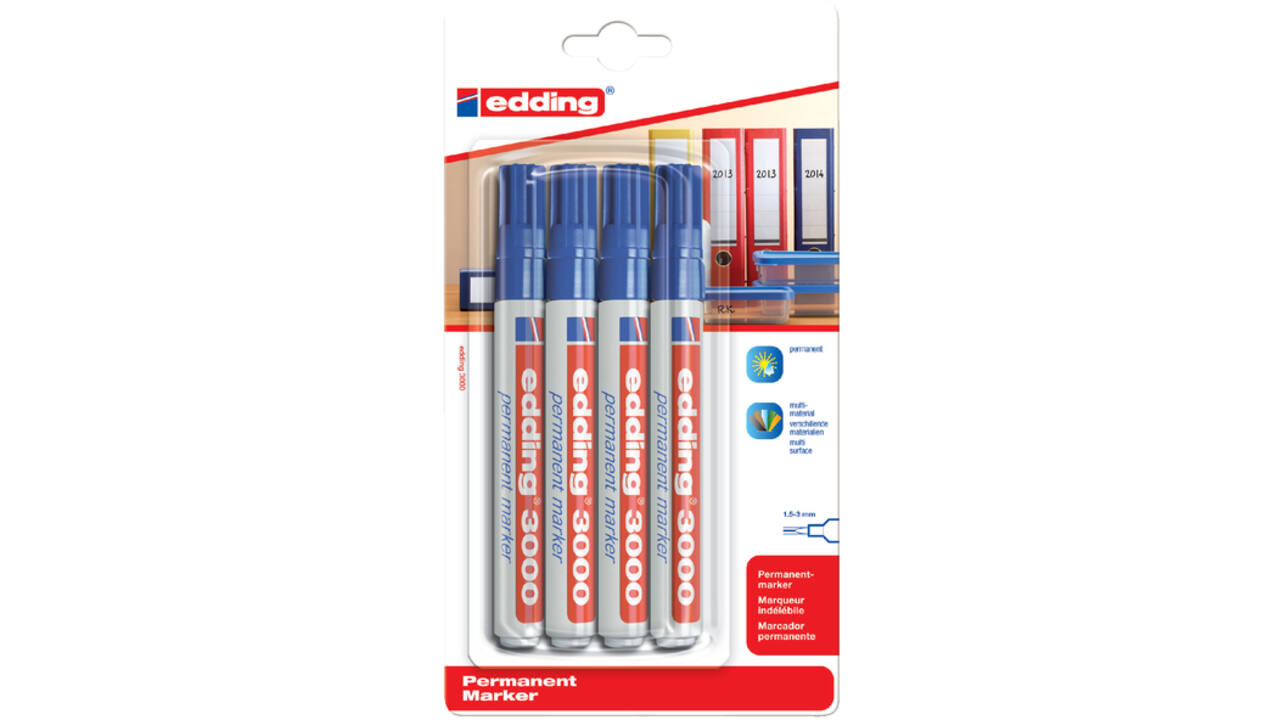 Viltstift edding 3000 rond 1.5-3mm blauw blister à 4 stuks