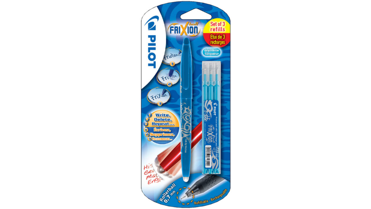 Rollerpen PILOT friXion medium lichtblauw blister à 1 stuk + 3 vullingen