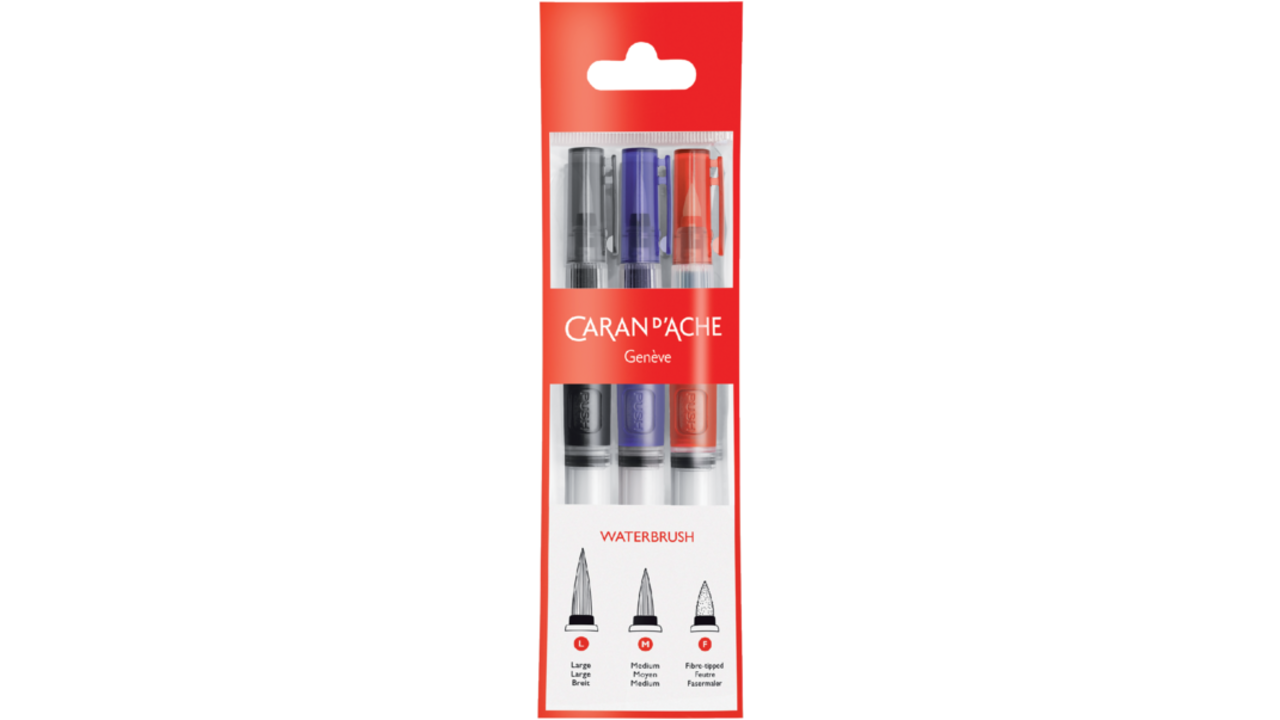Penseel Caran d'Ache medium, breed , fibre tip set à 3st