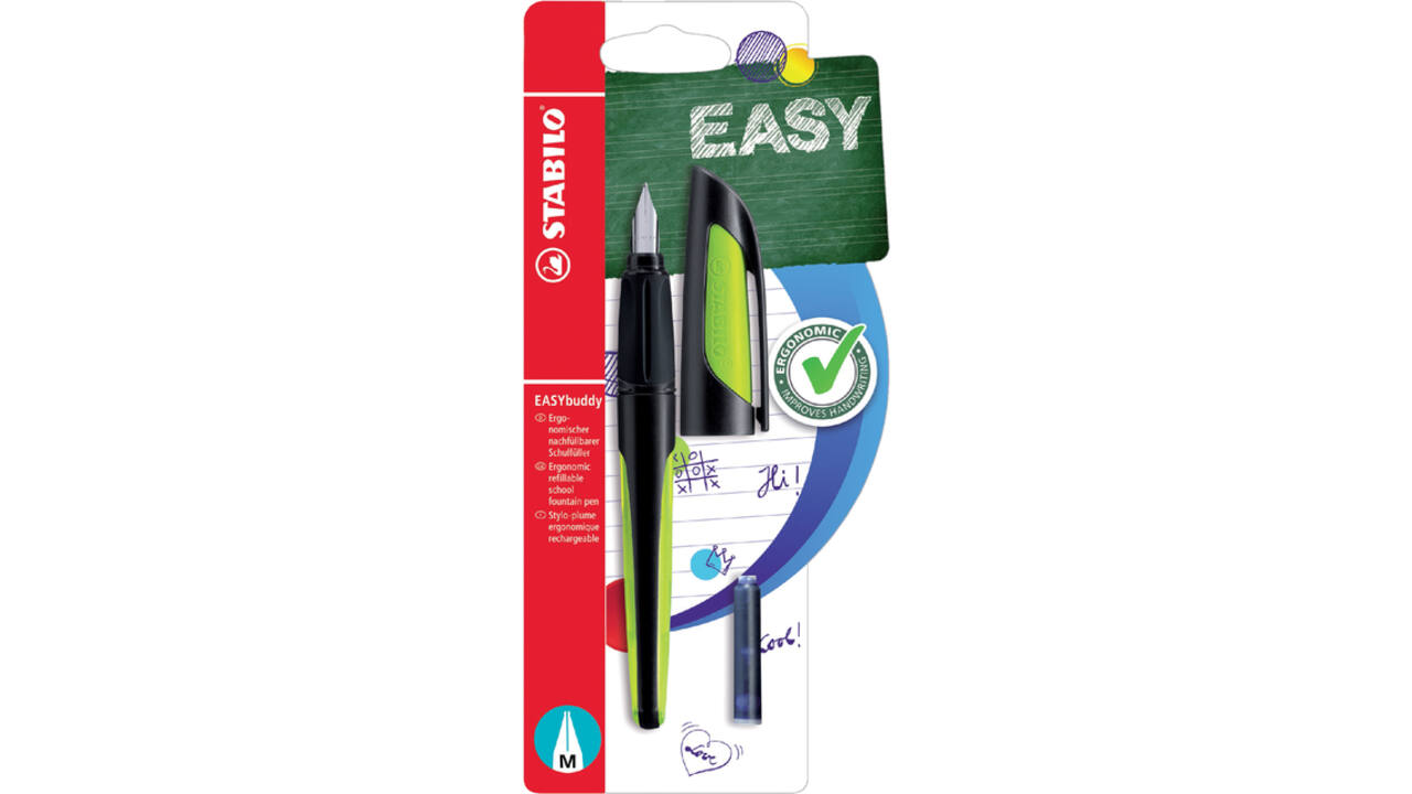 Vulpen STABILO Easybuddy rechtshandig medium zwart/lime blister à 1 stuk
