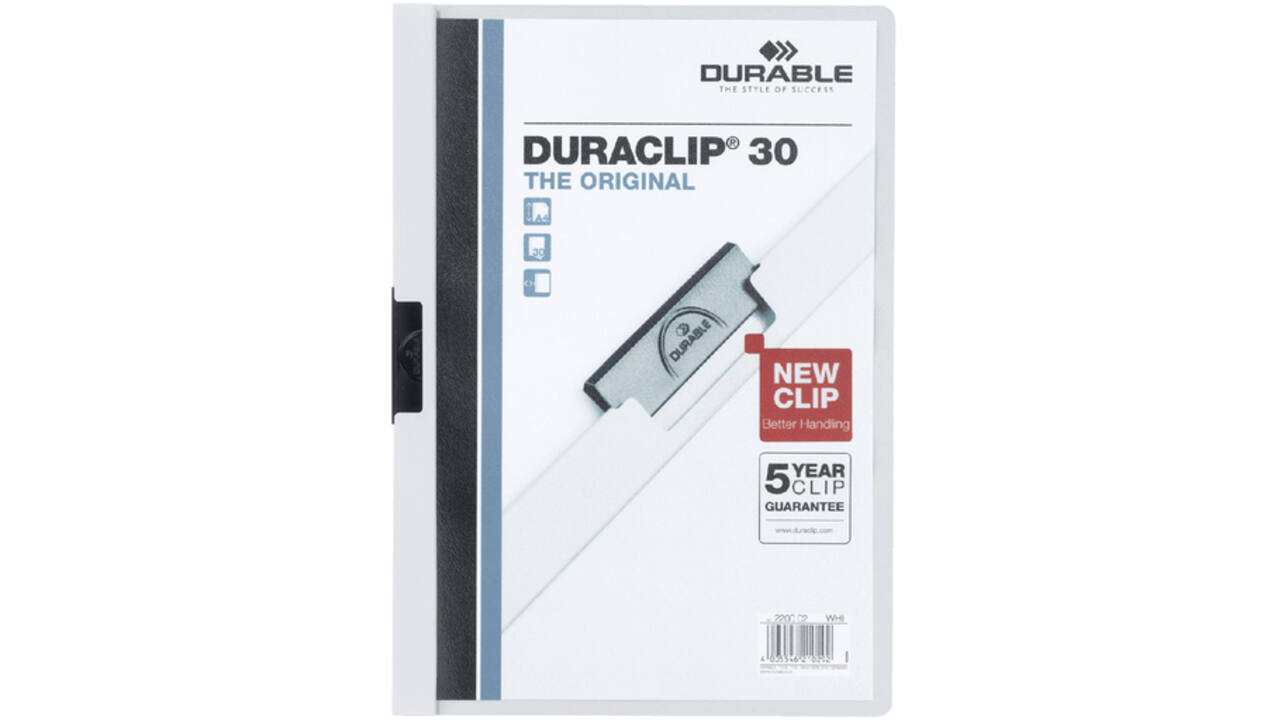 Klemmap Durable Duraclip A4 3mm 30 vellen wit