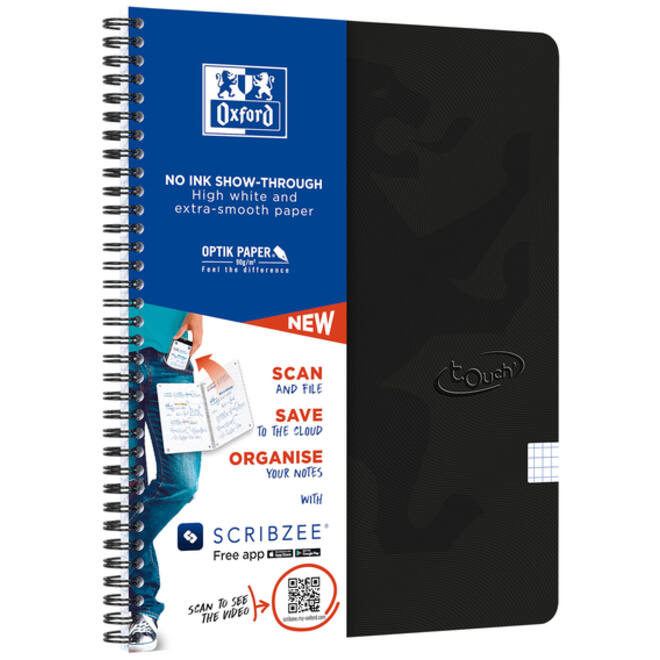 Spiraalblok Oxford Touch A4 ruit 5x5mm 140 pagina's 80gr zwart