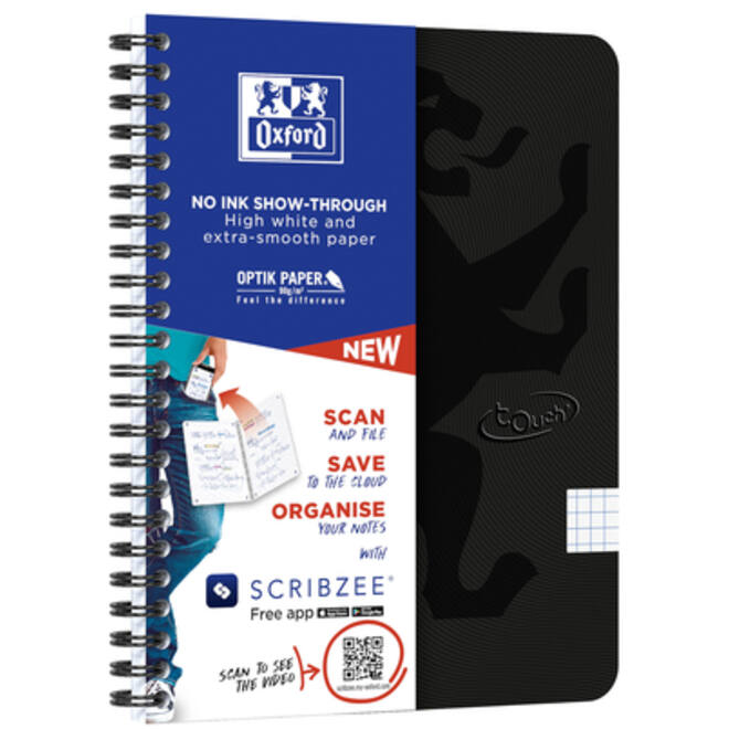 Spiraalblok Oxford Touch A5 ruit 5x5mm 140 pagina's 80gr zwart
