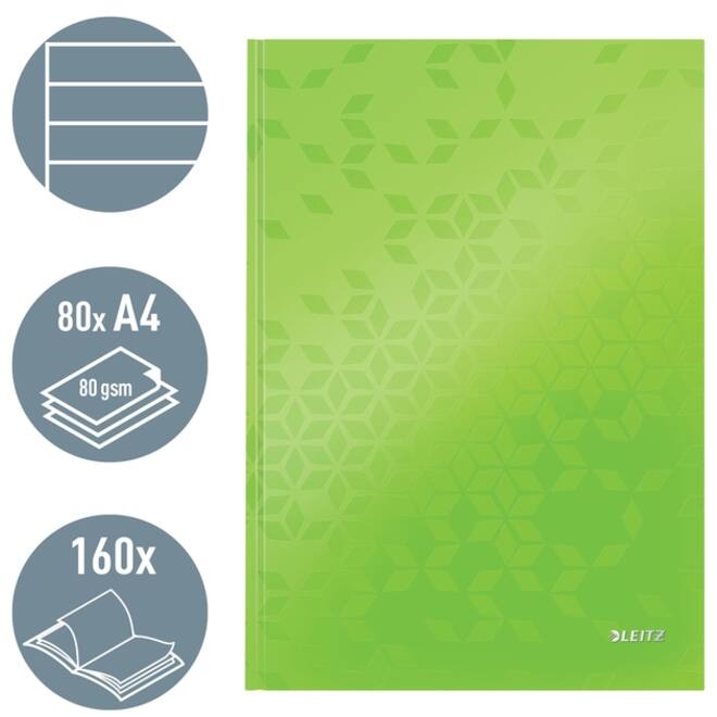 Notitieboek Leitz WOW A4 160blz 90gr lijn groen