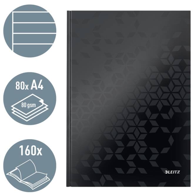 Notitieboek Leitz WOW A4 160blz 90gr lijn zwart