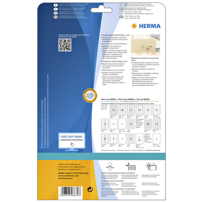 Etiket HERMA 8670 A4 63.5x38.1mm folie transparant mat 525st