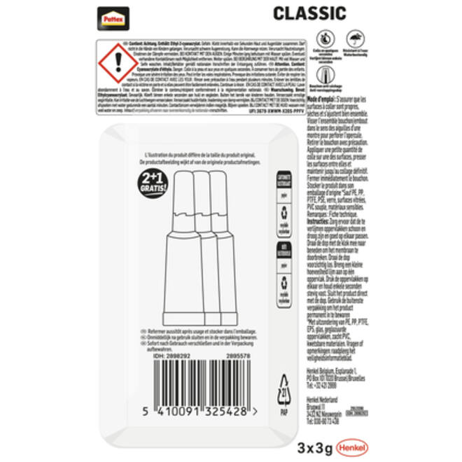 Secondelijm Pattex classic 3gr 2+1 gratis