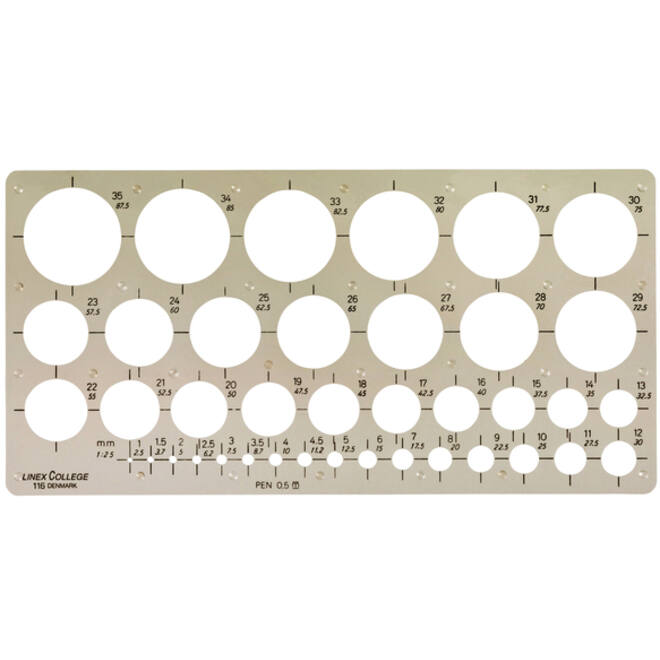 Cirkelsjabloon Linex 39 cirkels met inktvoetjes 1-35mm grijs