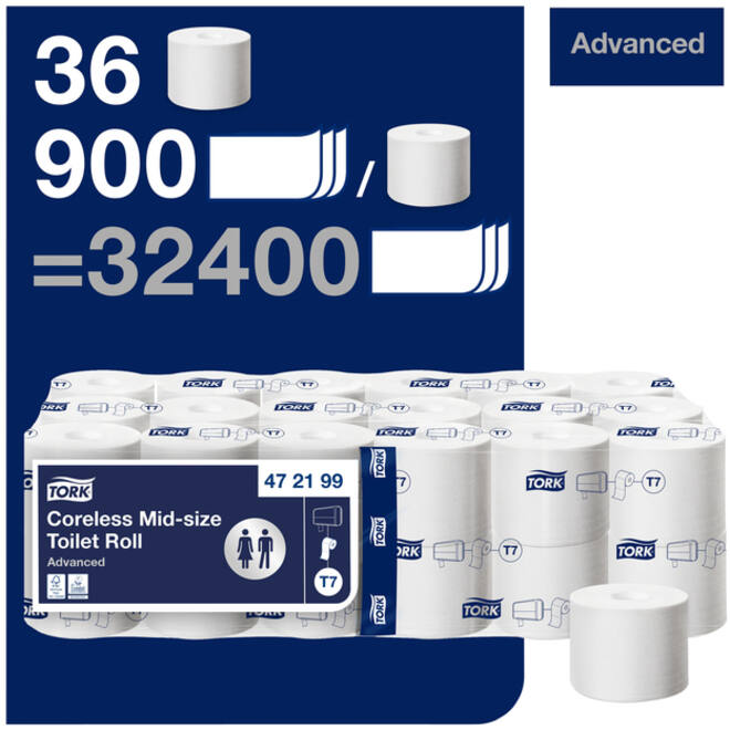 Toiletpapier Tork T7 hulsloos advanced mid-size 2-laags 900vel wit 472199