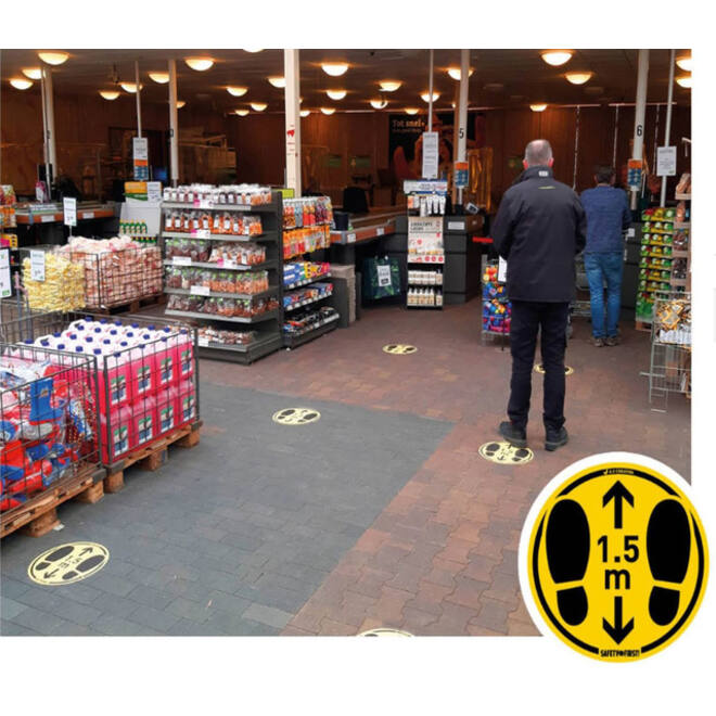 Vloersticker Djois voor gladde vloeren houd afstand Ø350mm geel/zwart