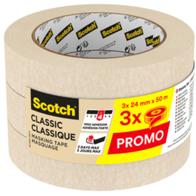 Afplaktape Scotch Classic 24mmx50m beige 3 rollen