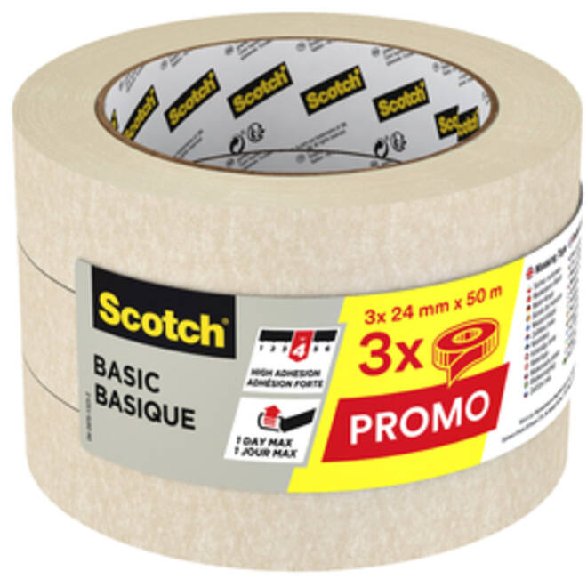 Afplaktape Scotch Basic 24mmx50m beige 3 rollen