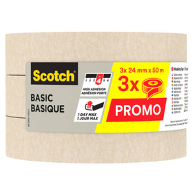 Afplaktape Scotch Basic 24mmx50m beige 3 rollen
