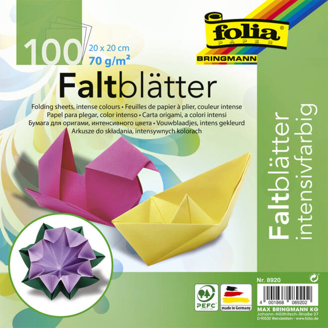 Origami papier Folia 70gr 20x20cm 100 vel assorti kleuren
