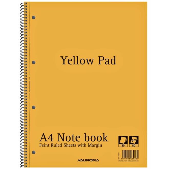 Collegeblok Aurora Yellow Pad A4 lijn 4-gaats 160 pagina's 80gr geel