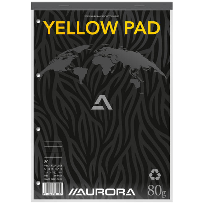 Cursusblok Aurora A4 lijn 4-gaats 160 pagina's 80gr geel