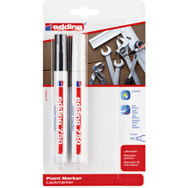 Viltstift edding 750 lakmarker rond 2-4mm wit en zwart blister à 2 stuks
