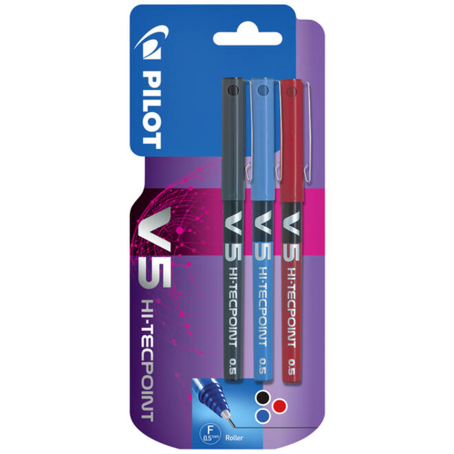 Rollerpen PILOT V5 fijn assorti blister à 3 stuks