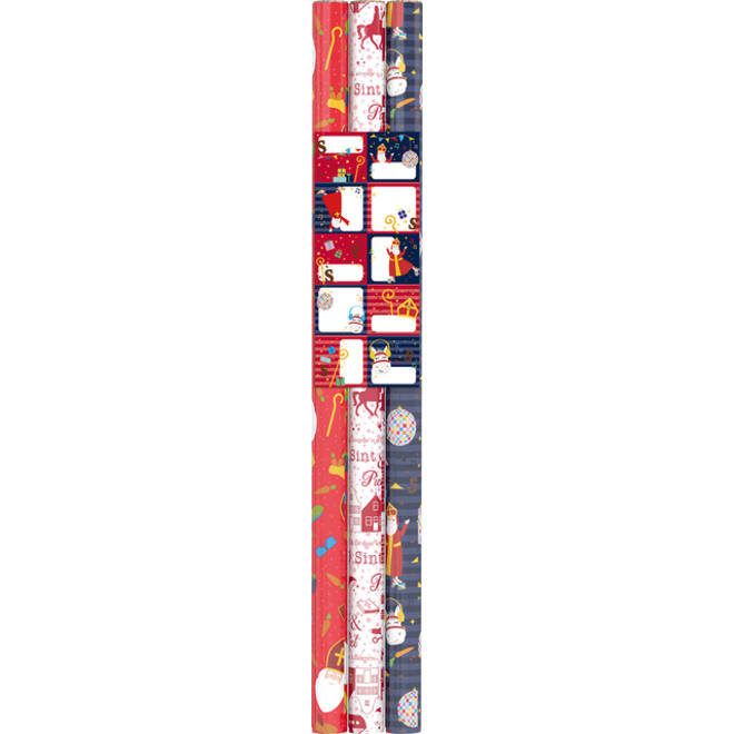 Inpakpapier sint 200x70cm set à 3 rollen + stickervel assorti