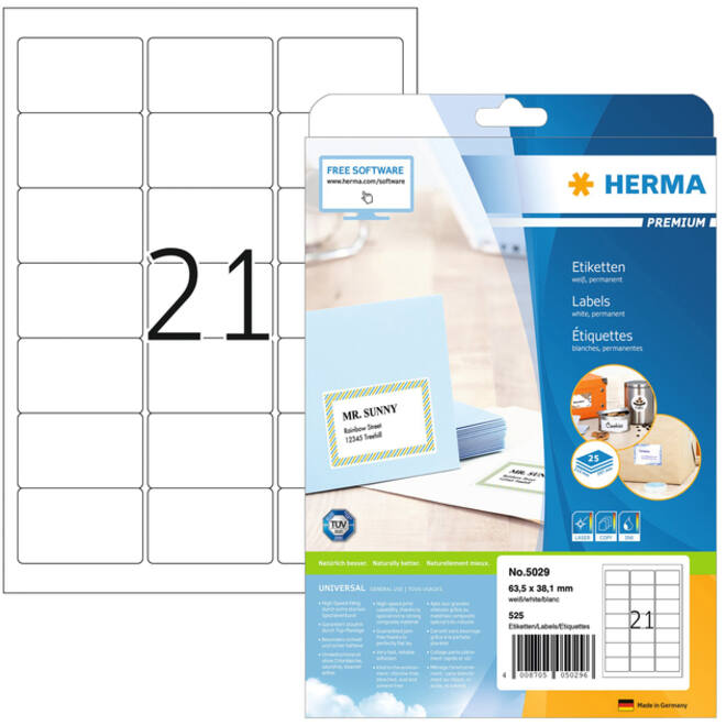 Etiket HERMA 5029 A4 63.5x38.1mm premium 525stuks wit