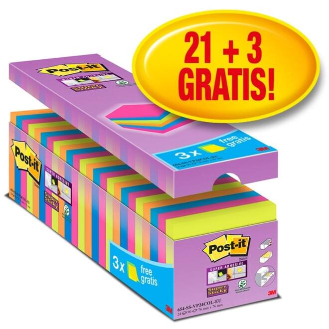 Memoblok Post-it 654 Super Sticky 76x76mm 21+3 gratis assorti