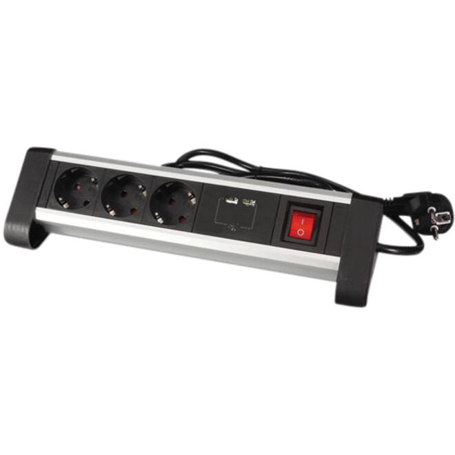 Stekkerdoos Perel bureau 3-voudig met schakelaar incl. 2 USB-poorten 1.4m zwart