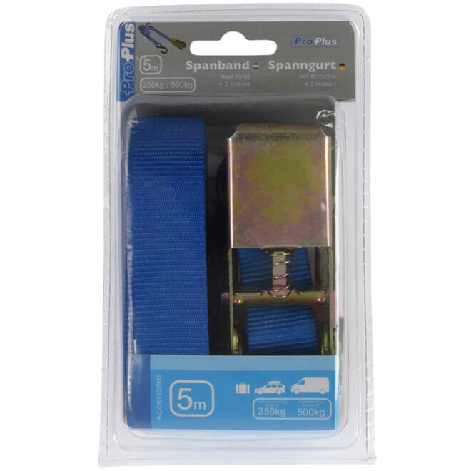 Spanband ProPlus blauw met ratel en 2 haken 5m