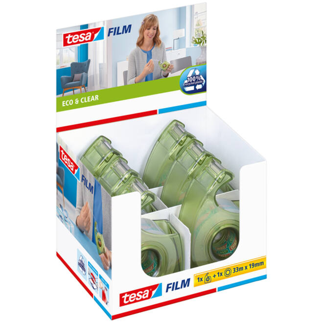 Plakband handdispenser tesafilm® eco & clear 33mx19mm + Easy Cut hand ecoLogo®