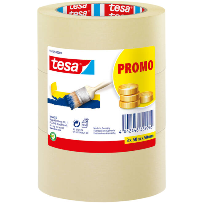 Afplaktape tesa® Economy 50mmx50m geel 3 rollen