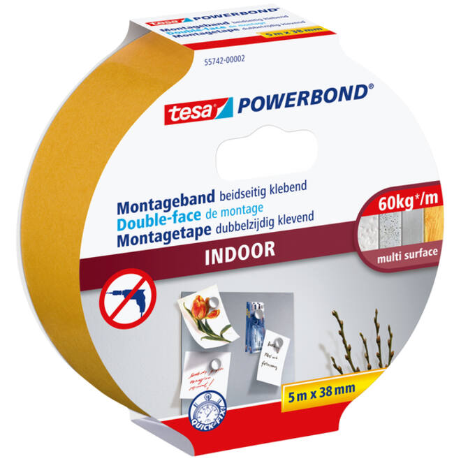 Montagetape tesa® Powerbond Indoor dubbelzijdig klevend 5mx38mm wit