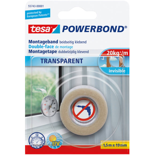 Montagetape tesa® Powerbond dubbelzijdig 1,5mx19mm transparant