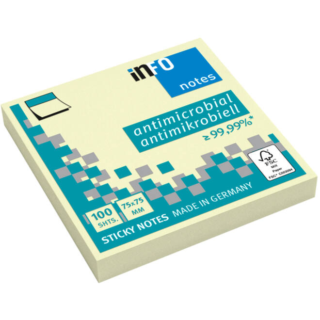 Memoblok info notes antimicrobiëel 100 vel 75x75mm geel
