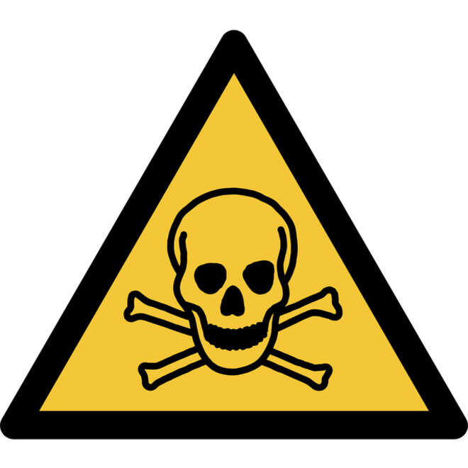 Pictogram bordje Djois Waarschuwing: giftig materiaal 200x176mm Geel