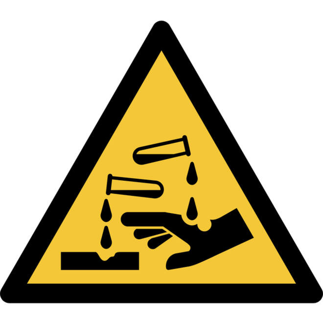 Pictogram bordje Djois Waarschuwing: bijtende stoffen 200x176mm Geel